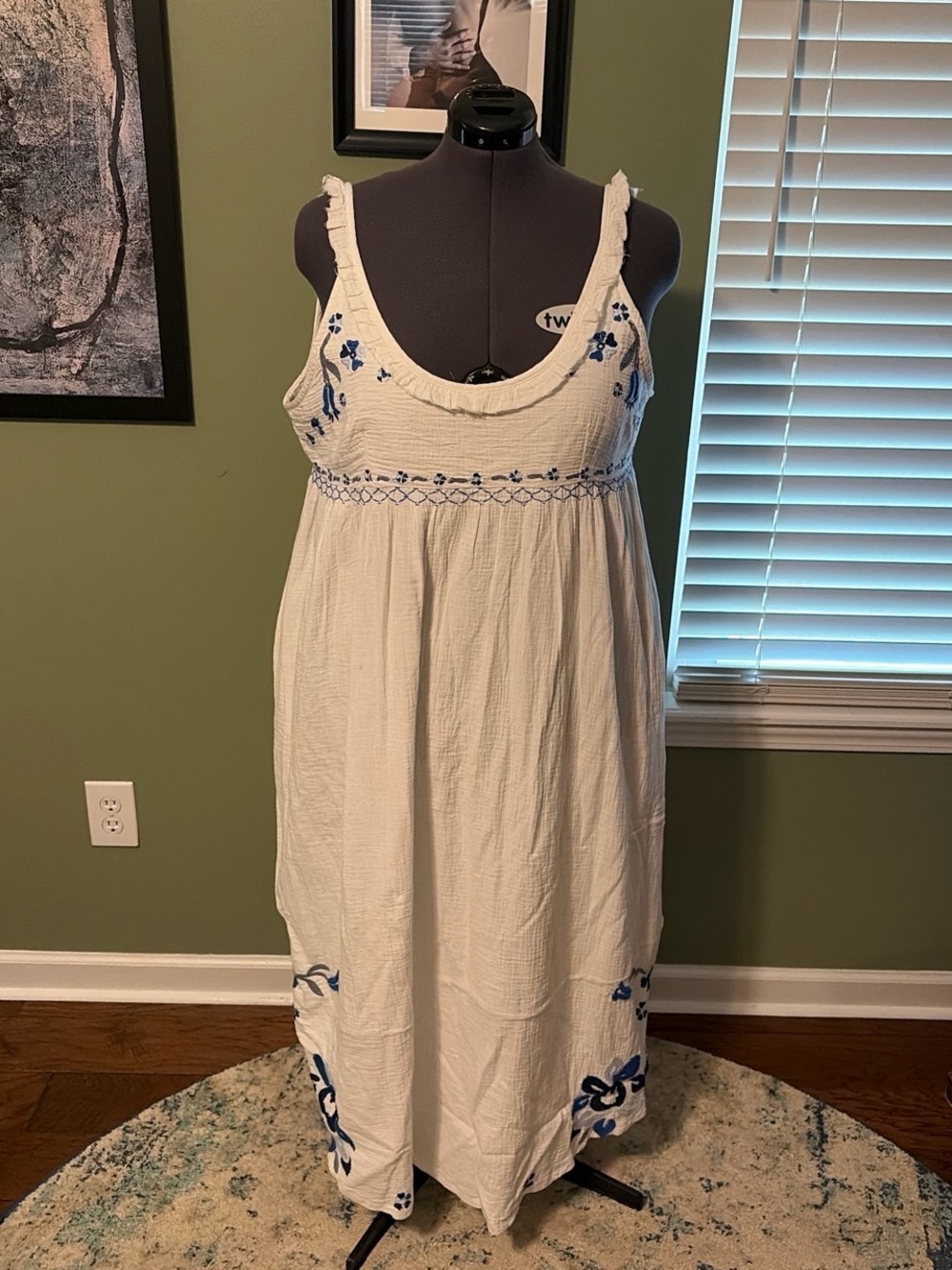 Free People Cream Maxi Dress with Blue Embroidery